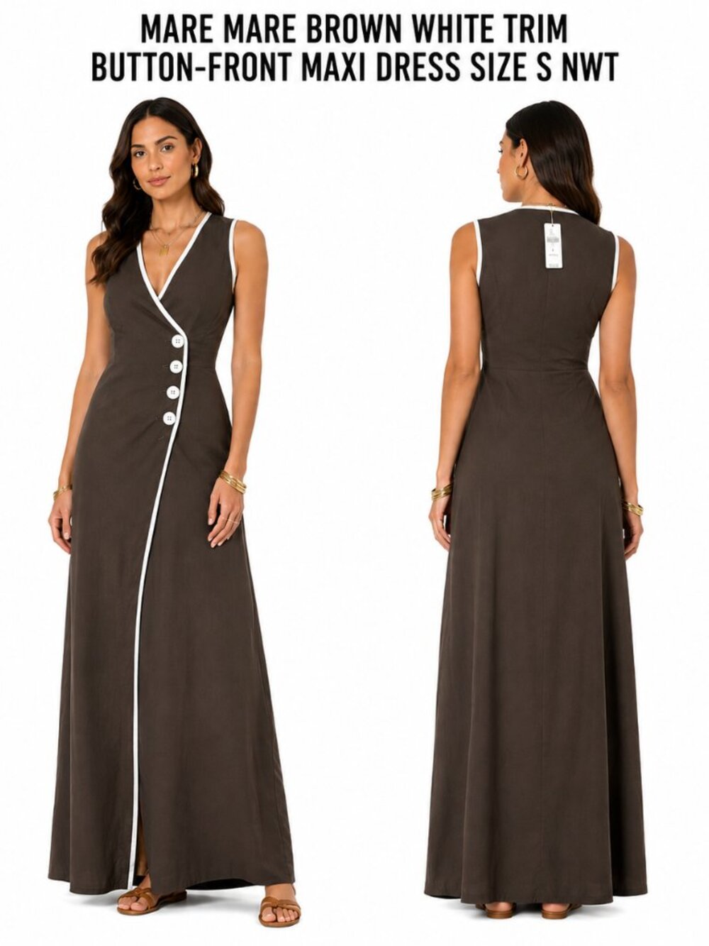 MARE MARE BROWN WHITE TRIM BUTTON-FRONT MAXI DRESS S NWT